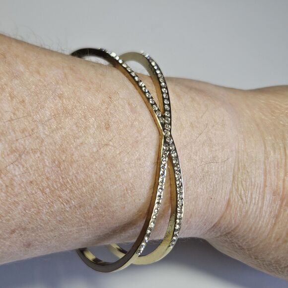 Gold Tone Criss Cross Clear Rhinestone Bangle Bracelet 7.25" - Picture 5 of 12
